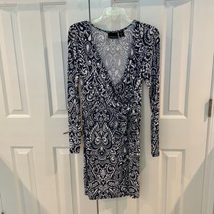 Blue & White, long sleeve printed wrap dress